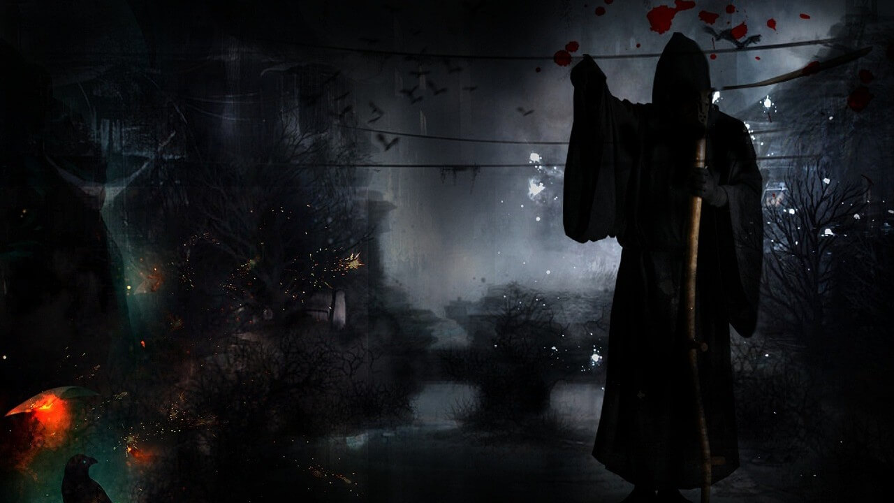 Photo of the grim reaper standing in a bloody and dark room