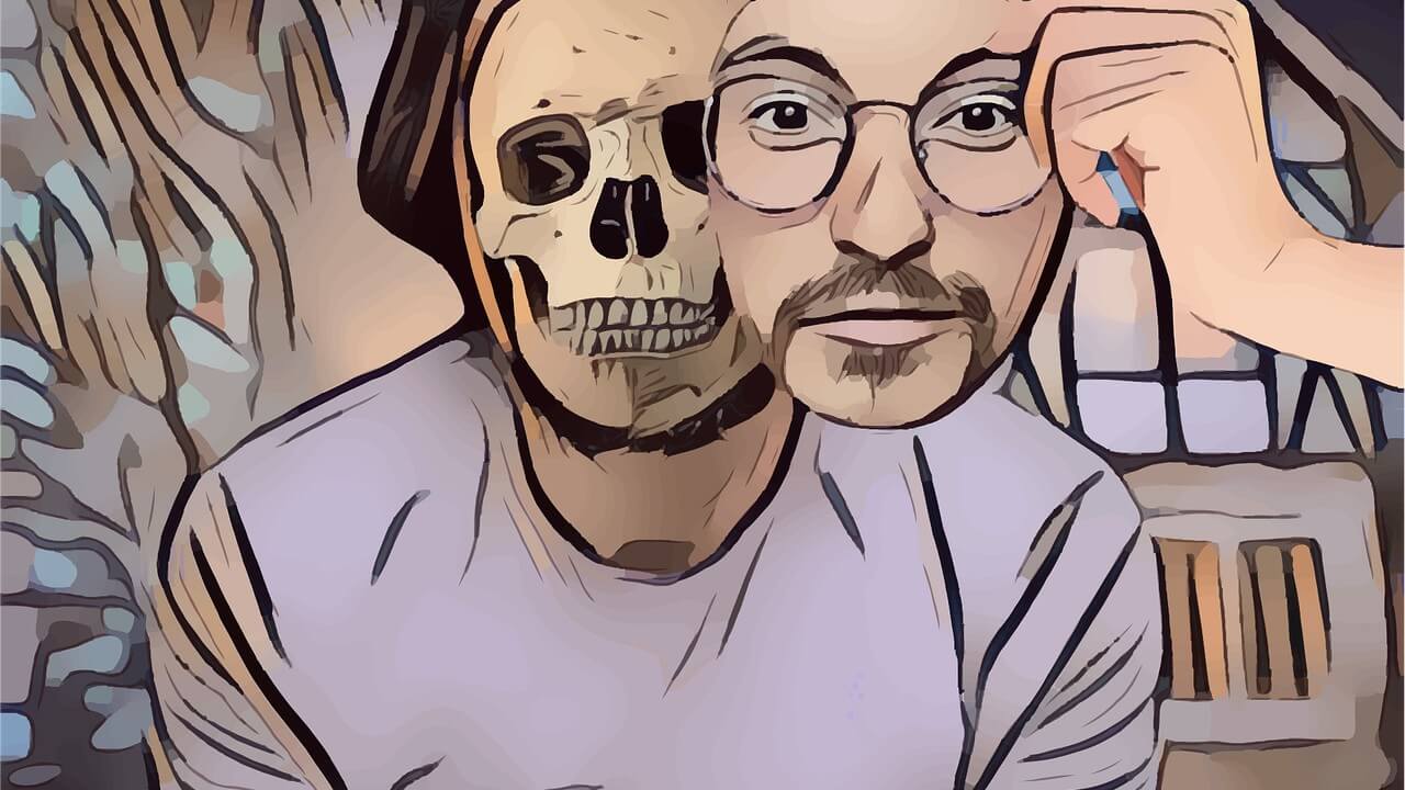 Illustration of man removing his face to show a skull underneath