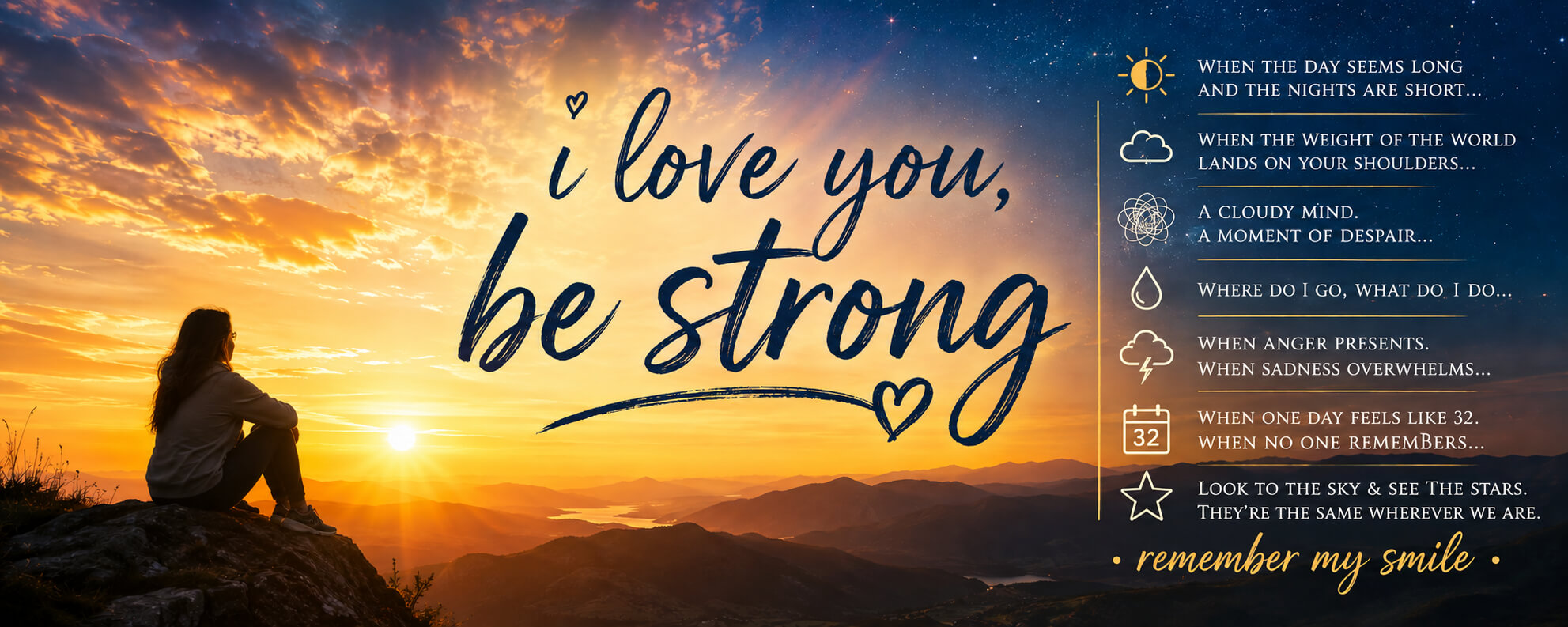 Female sitting and looking at the sunset with a caption saying I Love You, Be Strong
